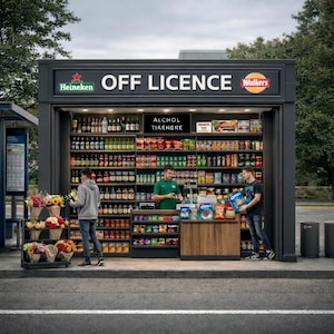 以下が含まれることがあります： 「OFF LICENCE」の看板がある屋外コンビニ。アルコール、スナック、花などを販売しています。店内には2人おり、棚には商品が並んでいます。