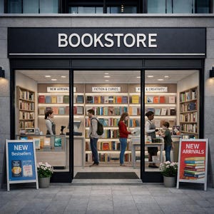 May include: A bookstore exterior with the word "BOOKSTORE" above the entrance. Customers browse inside, surrounded by bookshelves. Signs advertise "NEW BESTSELLERS" and "NEW ARRIVALS".