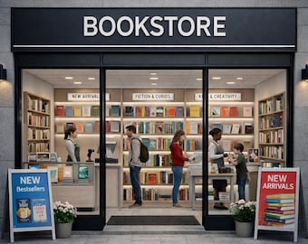 N Scale Bookstore Interior Backdrop – Modern Book Shop Diorama (Digital Download)