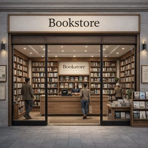 May include: Exterior view of a bookstore with the word "Bookstore" above the entrance. Inside, shelves are filled with books, and customers are at the counter. The store has a warm, inviting atmosphere with soft lighting.