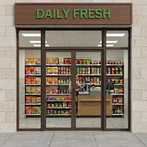 May include: Exterior shot of a small grocery store with the words "DAILY FRESH" in green lettering above the entrance. The store has glass doors and shelves stocked with various packaged food items. The building is made of light-colored stone.