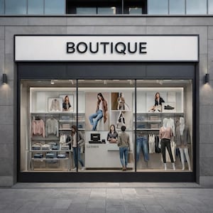 May include: Exterior shot of a boutique storefront with the word "BOUTIQUE" in large black letters above the entrance. The shop window displays clothing and mannequins. Inside, a cashier stands behind a counter. The store is well-lit and modern.