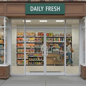 May include: Exterior shot of a grocery store with the text "DAILY FRESH" on a green sign above the entrance. Shelves inside are stocked with various packaged food items. A customer is seen with a shopping cart.