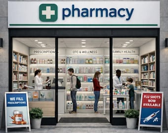 N Scale Pharmacy Interior Backdrop – Prescription Counter, Wellness Shelves (Digital Download)