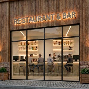 May include: Exterior view of a restaurant and bar with a wooden facade. The sign "RESTAURANT & BAR" is illuminated. Inside, patrons sit at a bar with stools, and shelves display bottles. A bartender serves customers.