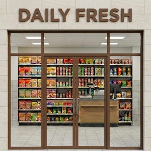 May include: A shop front with the words "DAILY FRESH" in brown lettering above the entrance. The glass doors reveal shelves stocked with various packaged food items. The interior includes a checkout counter.