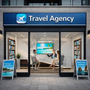 May include: Exterior shot of a travel agency storefront. A blue sign with a plane icon and the words "Travel Agency" is above the entrance. Inside, a travel agent assists two clients. A-frame signs read "Dream Vacation" and "Book Your Holiday!"