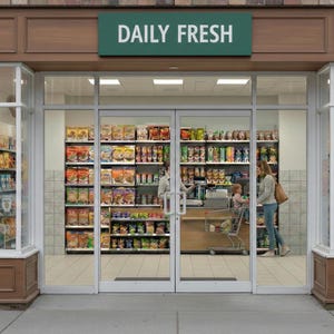 May include: Exterior view of a grocery store with the text "DAILY FRESH" on a green sign above the entrance. Shelves inside are stocked with various packaged food items. A customer is seen with a shopping cart.