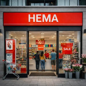 May include: Exterior shot of a HEMA store with a red and white sign. The store entrance is open, revealing customers and a cashier. A shopping cart is in the foreground. A "SALE" sign is visible in the window.