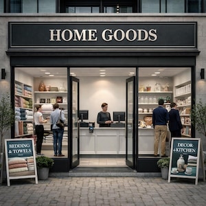 May include: Exterior shot of a home goods store with the sign "HOME GOODS" above the entrance. The store displays bedding, towels, decor, and kitchen items. A-frame signs advertise "Bedding & Towels" and "Decor & Kitchen". Customers and staff are visible inside.