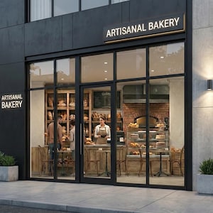 May include: Exterior view of an artisanal bakery with large glass windows. The sign above reads "ARTISANAL BAKERY". Inside, customers and staff are visible, with shelves of bread and pastries on display. A brick oven is also visible.