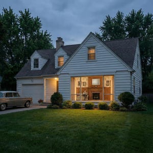 May include: Exterior shot of a two-story white house with a dark gray roof. The house has a large picture window, a garage, and a vintage car parked in the driveway. The lawn is green, and the sky is overcast.