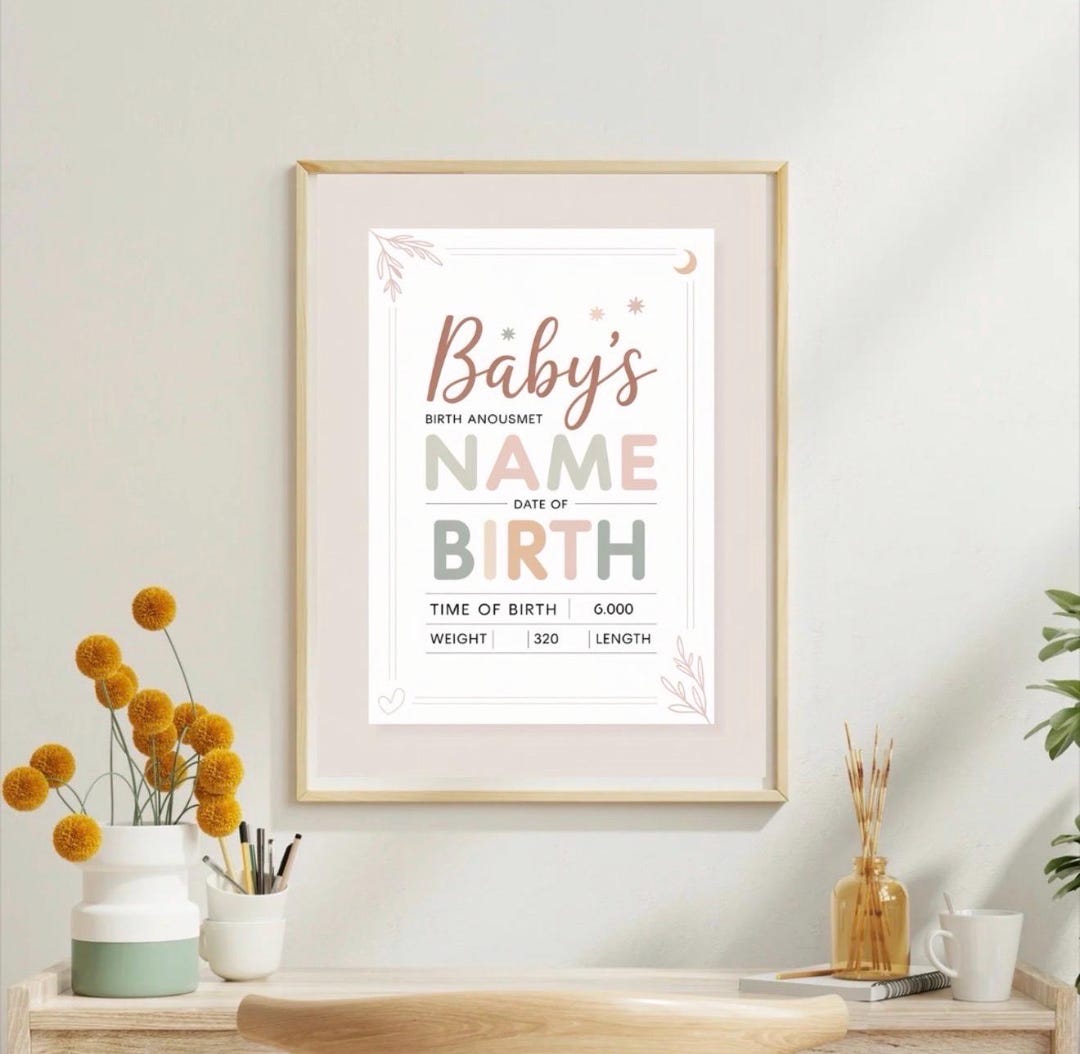 Personalized Birth Stats Poster Printable, Custom Baby Birth ...