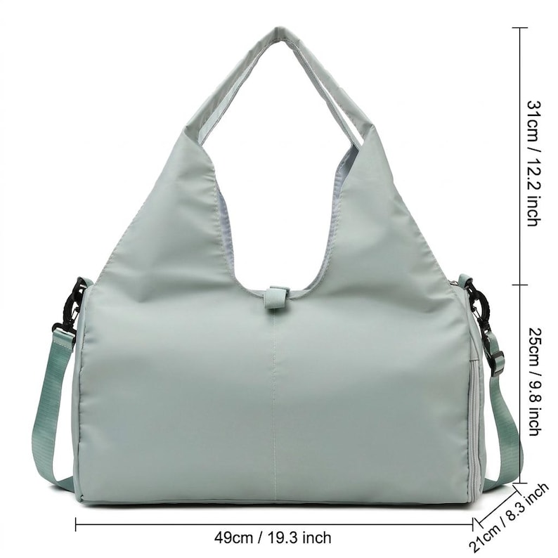 May include: A light green tote bag with a shoulder strap and handles. The bag is 19.3 inches long, 12.2 inches high, and 8.3 inches wide. It has a zippered side pocket and a snap closure. The bag is made of a smooth, durable material.