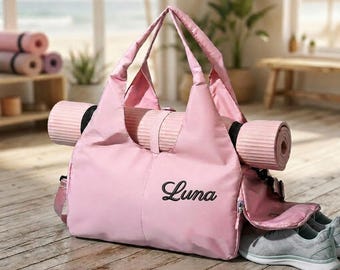 Borsa yoga personalizzata con nome, borsa da palestra con porta tappetino yoga, borsa fitness personalizzata, borsa a tracolla in tela, borsa per allenamento Pilates