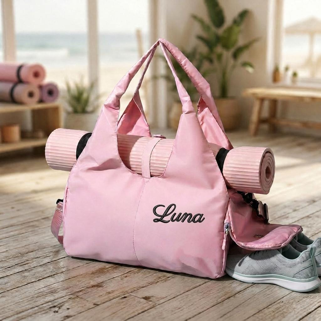Personalized Yoga Bag with Name, Gym Tote Bag with Yoga Mat Holder, Custom Fitness Bag, Canvas Shoulder Bag, Pilates Workout Bag