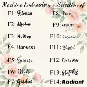 May include: A cream-colored background with floral watercolor accents and text. The text reads "Machine Embroidery - Selection of" followed by fourteen words, each labeled F1 through F14, including "Blossom", "Meadow", and "Radiant".