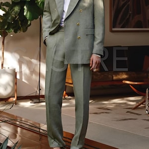 Men's Sage Green Linen Suit - Double Breasted Summer Wedding Suit
