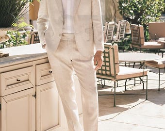 Men's Beige Linen Suit, 2 Piece Summer Wedding Attire