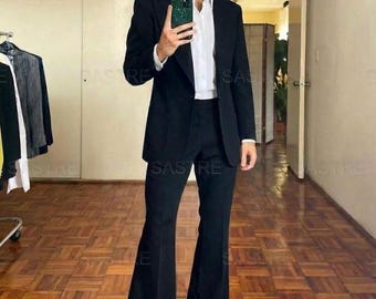 Men's 70s Jet Black Suit: Retro Wide Bell Bottoms, Flared Leg
