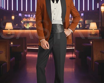 Men's Burnt Orange Terry Rayon Tuxedo - 70s Bell Bottom Suit with Black Satin Lapels