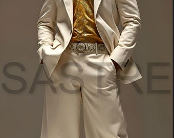 Men's Ivory Terry Rayon Disco Suit – 70s Wave Design, Wide Leg