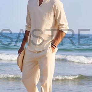 Men's Linen Henley Shirt & Drawstring Pants Set – Beach Wedding Outfit