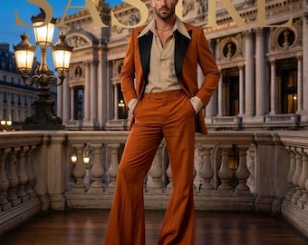 Men's Rust Orange 1970s Retro Suit | Wide Black Peak Lapel Tuxedo | Bell Bottom Flare Trousers Men's Suit | Disco Prom & Wedding Outfit