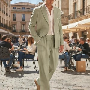 Custom Made Sage Linen Suit - 1970s Flared Bell Bottoms