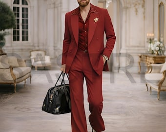 Men's 70s Red Double Breasted Suit – Flared Trousers, Peak Lapel Blazer