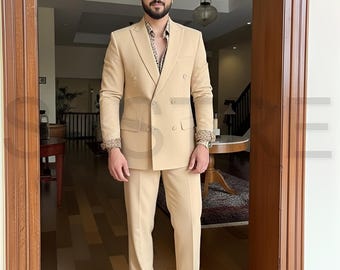 Men's 70s Style Beige Suit - Vintage Flared Trousers, Double Breasted Blazer
