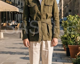 Men's Linen Safari Suit – Olive Green Belted Jacket, Custom Fit