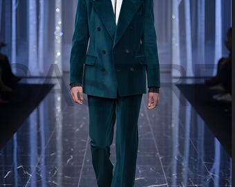 1970s Style Teal Velvet Suit – Men's Double Breasted Flared Trouser Suit