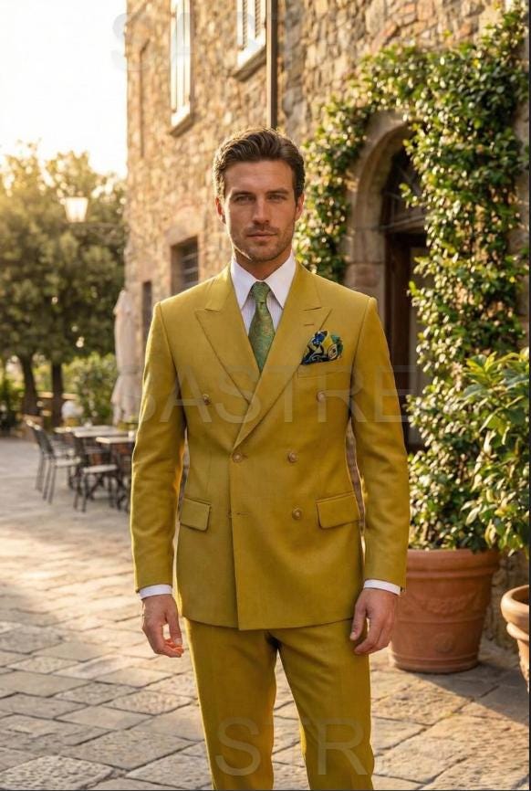 Mustard Gold Double Breasted Suit - Terry Rayon Wedding Groom Suit