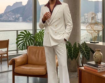 Mens White Pinstripe Double Breasted Suit • 70s Vintage Style Flare Pants Suit for Men • Tailored Wedding Groom Suit • Retro Striped