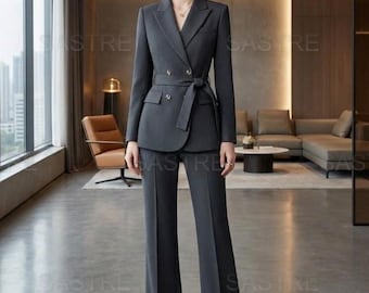 Grey Terry Rayon Women's Suit - Belted Blazer, Wide Leg Trousers
