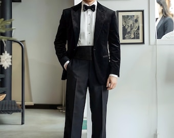 Traje clásico de terciopelo negro para cena / Ropa formal de noche para hombre / Conjunto de esmoquin de terciopelo de inspiración vintage / Atuendo para graduaciones y eventos