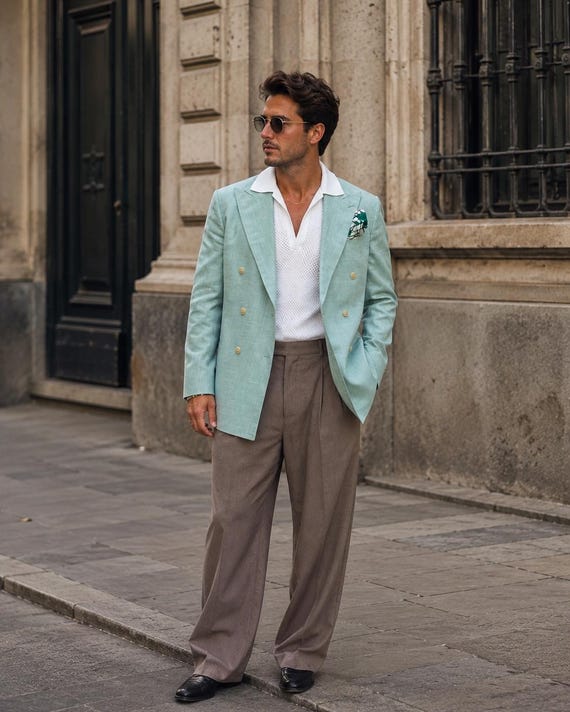 Blazer Mens Mint Green Dress Shoes Mint Green Double-breasted Linen Blend Suit For Men Vintage Inspired Summer Wedding Suit Tailored Formal Blazer Wide Leg Trousers
