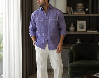 Men's Lavender Cotton Safari Shirt with White Wide Leg Trousers | Casual Co-Ord Set | Summer Linen Look Outfit | Resort Wear | Custom Made