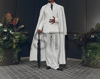 Men's White Pinstripe Suit – Terry Rayon Blazer, Wide Leg Trousers, Duster Coat