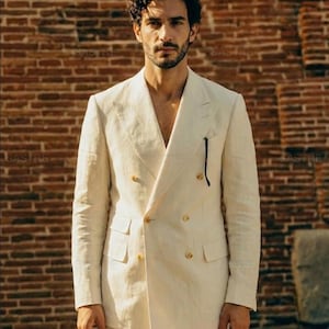 Cream Linen Double-Breasted Suit • Bespoke Men's Wedding Guest Attire