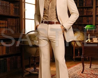 Vintage 70s Beige Flared Suit | Men's Retro Terry Rayon 2-Piece