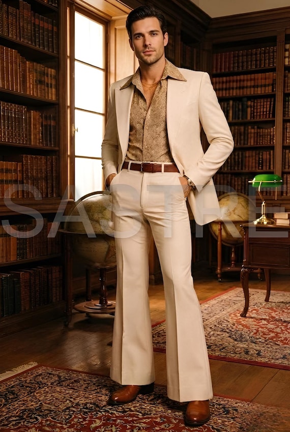 Vintage 70s Beige Flared Suit | Men's Retro Terry Rayon 2-Piece