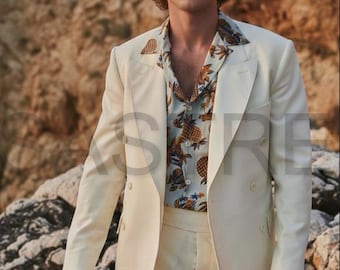Men's 1970s Vintage Style Off-White Double Breasted Suit - Flared Bell Bottom Trousers