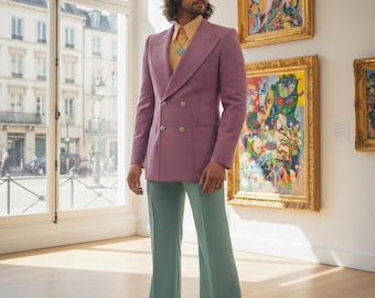 70s Retro Pastel Suit – Lavender Blazer, Mint Green Flared Pants