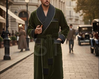 Luxury Men's Smoking Jacket – Deep Green Velvet Robe with Quilted Lapels – Vintage 1920s Style Victorian Dressing Gown – Groom Morning Robe