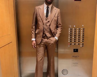 Mens Retro Brown Suit, 70s Bell Bottom Pants Suit, Three Piece Wedding Suit, Classic Vintage Menswear