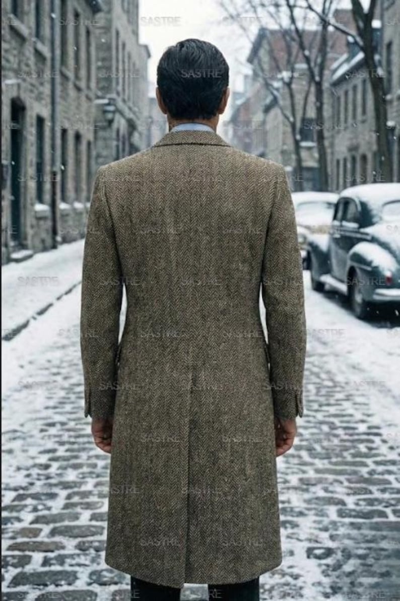 Men's Vintage Herringbone Tweed Overcoat - Double Breasted Wool Winter ...