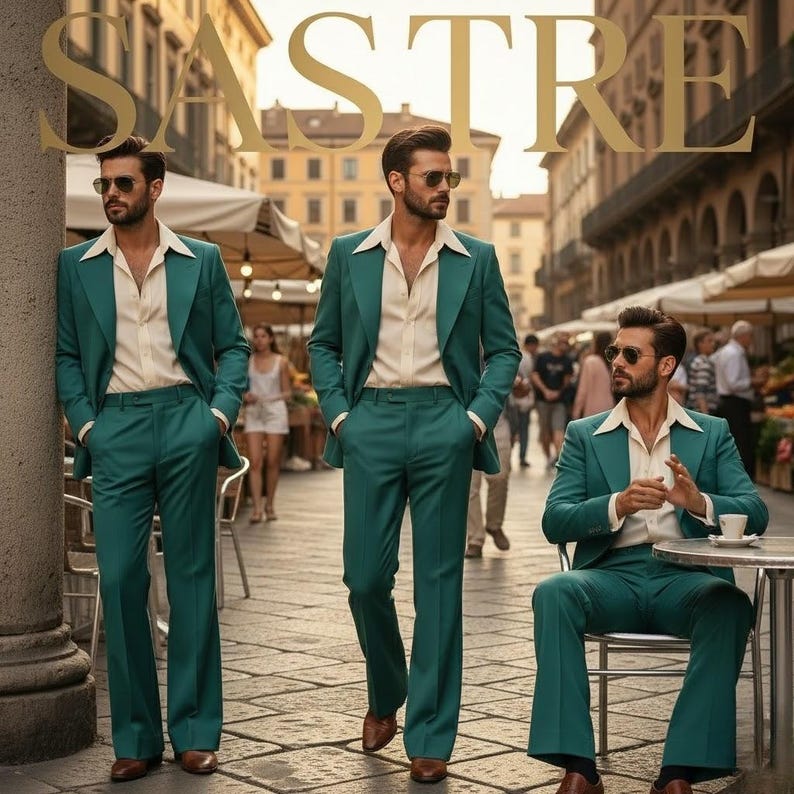 May include: Three men are shown wearing teal suits with cream shirts and sunglasses in an outdoor setting. The suits have a retro style with wide lapels and flared trousers. The word "SASTRE" is displayed in gold lettering at the top of the image.
