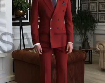 Blood Red Men's Suit - 70s Vintage Style Flared Trousers - Big Lapel Double Breasted Suit for Men - Retro Prom, Wedding & Party Wear Suit